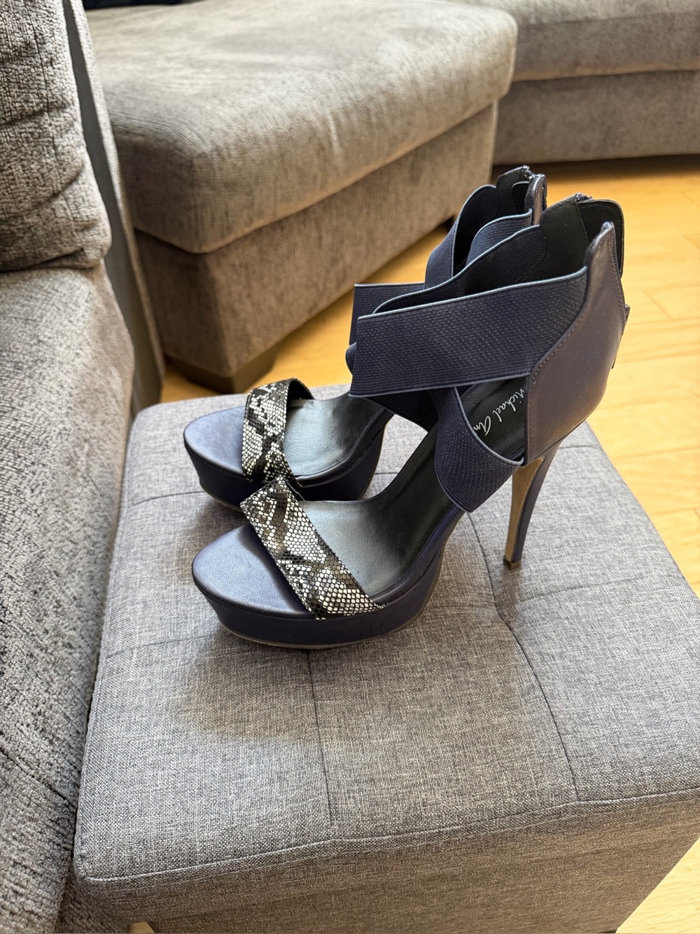 Michael Antonio Navy Platform Sandals with Snake-Print Strap